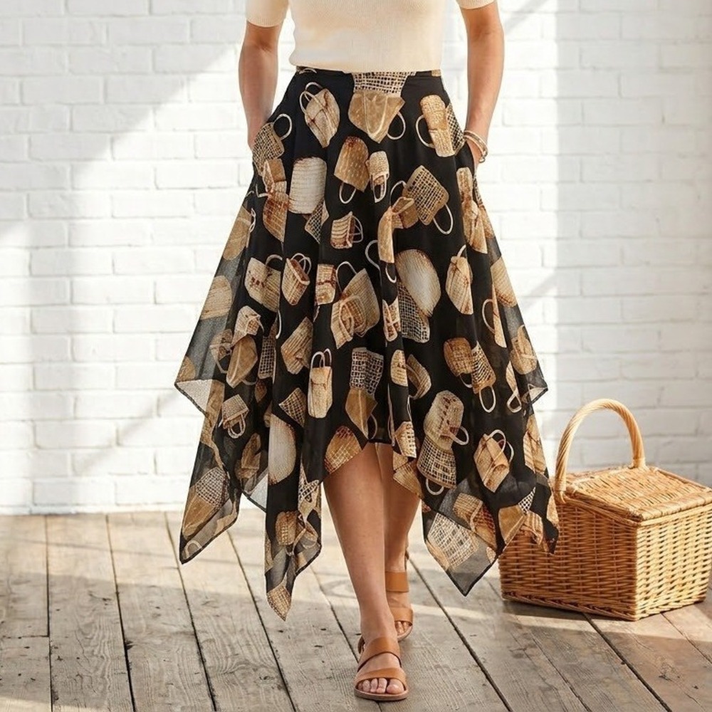 Picnic Basket Print Handkerchief Hem Skirt Womens‎ Medium 27W Art Cottage Boho